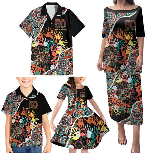 Honouring 50 Year Of NAIDOC Family Matching Puletasi and Hawaiian Shirt Honouring The Next Generation Red Aboriginal Art