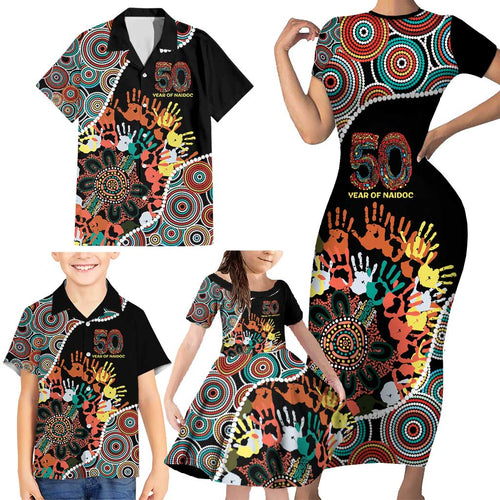 Honouring 50 Year Of NAIDOC Family Matching Short Sleeve Bodycon Dress and Hawaiian Shirt Honouring The Next Generation Red Aboriginal Art