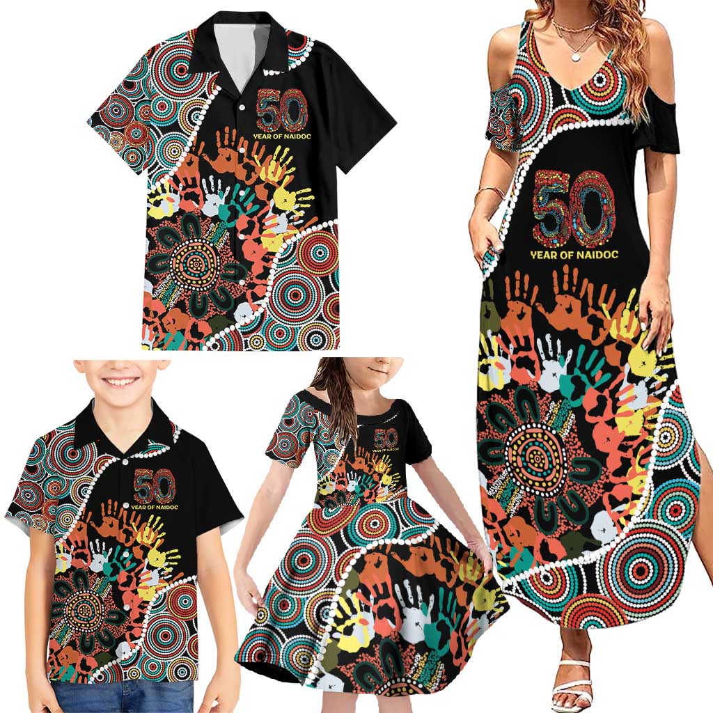 Honouring 50 Year Of NAIDOC Family Matching Summer Maxi Dress and Hawaiian Shirt Honouring The Next Generation Red Aboriginal Art