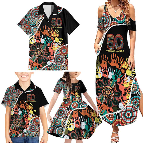 Honouring 50 Year Of NAIDOC Family Matching Summer Maxi Dress and Hawaiian Shirt Honouring The Next Generation Red Aboriginal Art