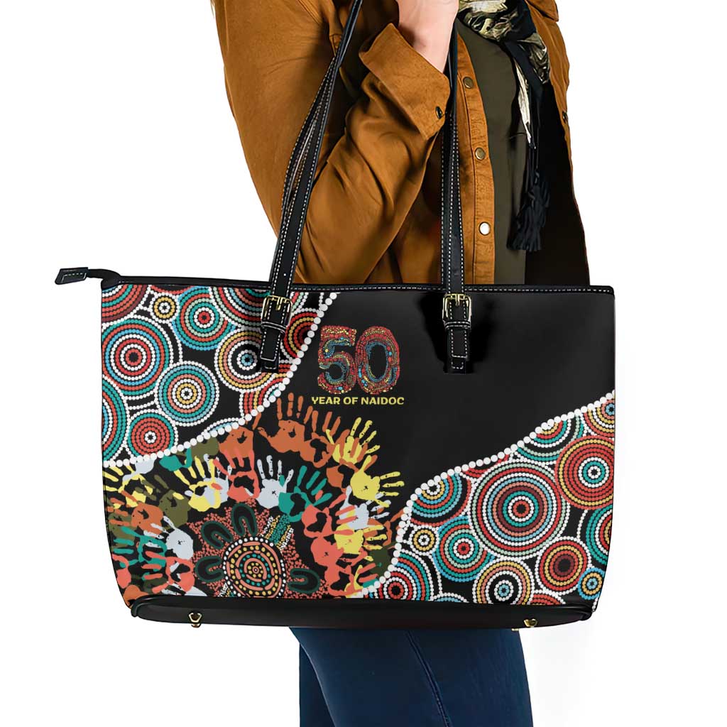 Honouring 50 Year Of NAIDOC Leather Tote Bag Honouring The Next Generation Red Aboriginal Art
