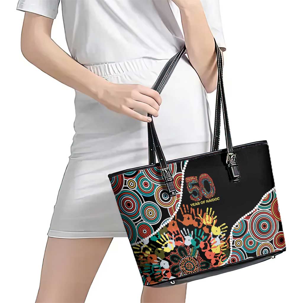 Honouring 50 Year Of NAIDOC Leather Tote Bag Honouring The Next Generation Red Aboriginal Art