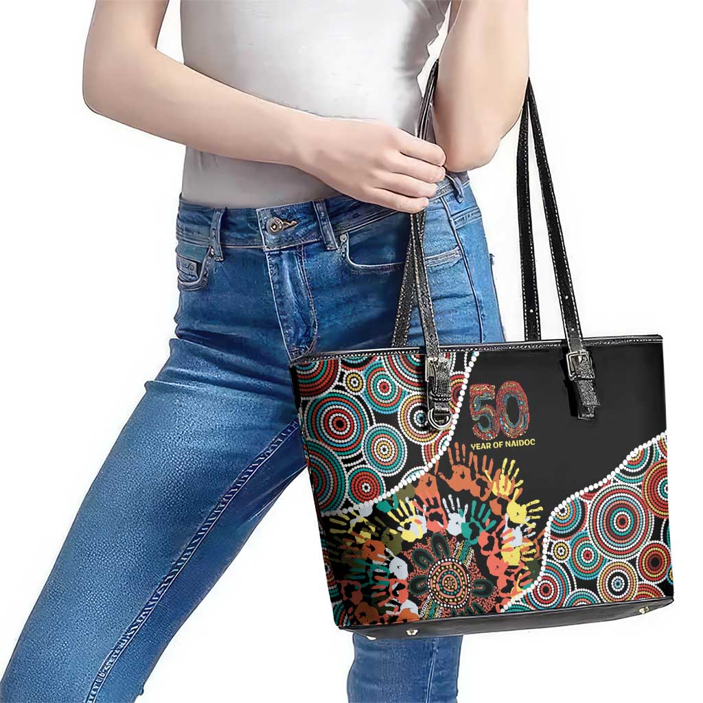 Honouring 50 Year Of NAIDOC Leather Tote Bag Honouring The Next Generation Red Aboriginal Art