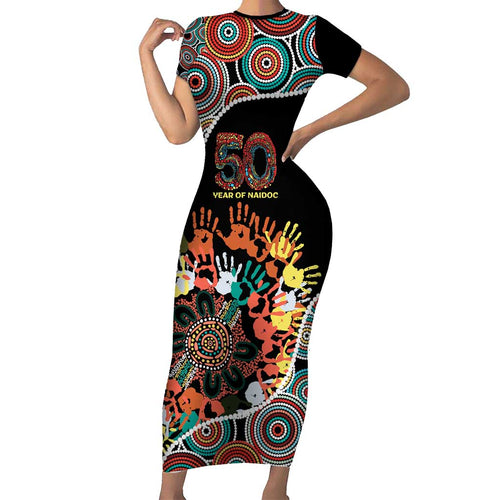 Honouring 50 Year Of NAIDOC Short Sleeve Bodycon Dress Honouring The Next Generation Red Aboriginal Art