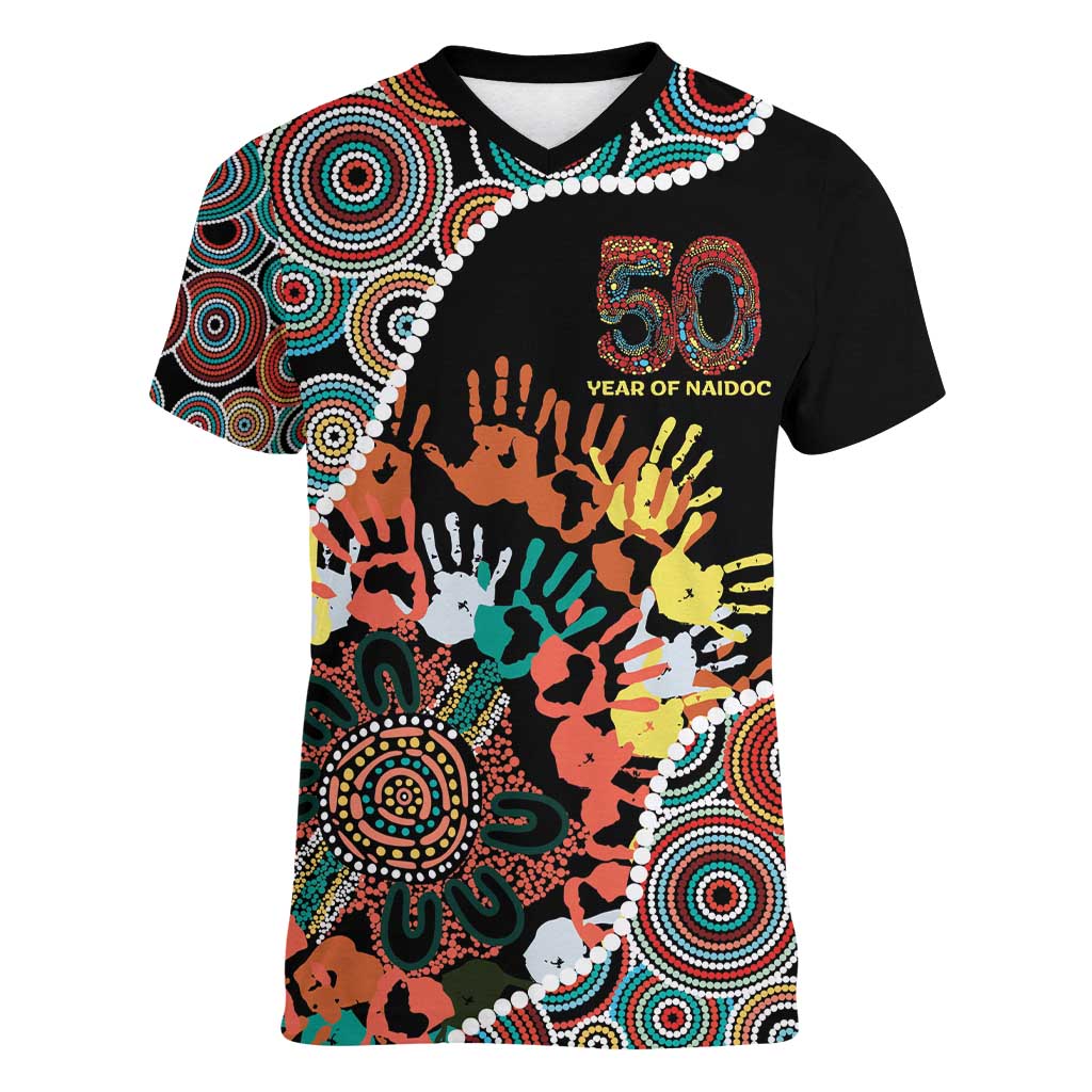 Honouring 50 Year Of NAIDOC Women V-Neck T-Shirt Honouring The Next Generation Red Aboriginal Art
