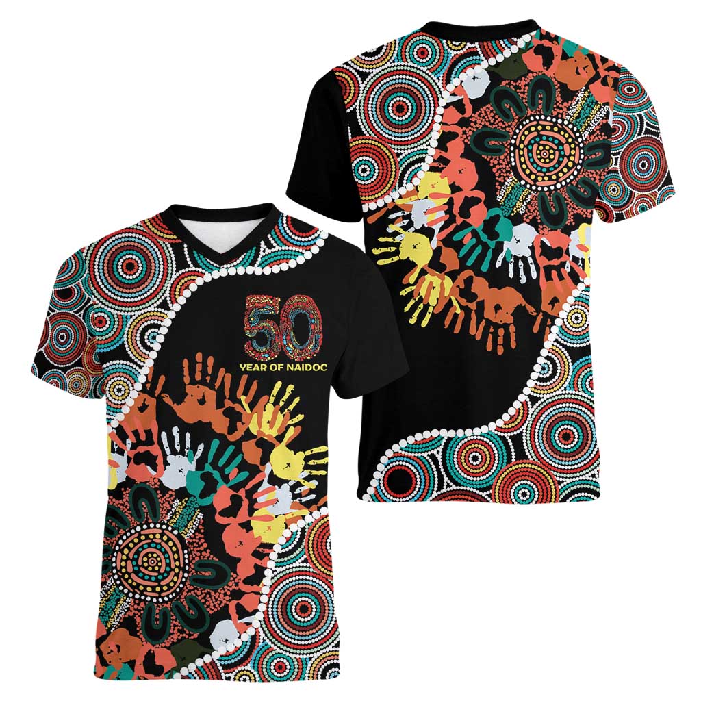 Honouring 50 Year Of NAIDOC Women V-Neck T-Shirt Honouring The Next Generation Red Aboriginal Art