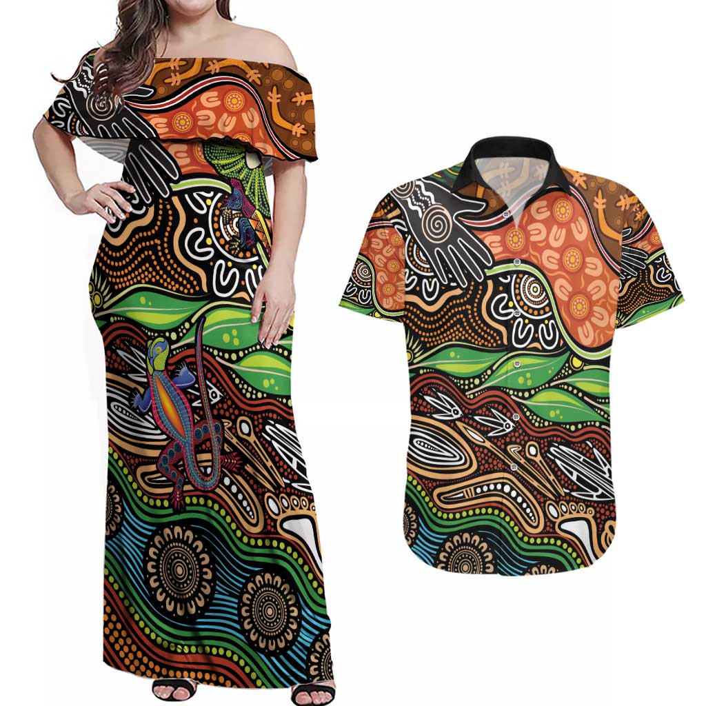 Thriving Together NAIDOC 2025 Couples Matching Off Shoulder Maxi Dress and Hawaiian Shirt Aboriginal Indigenous Art