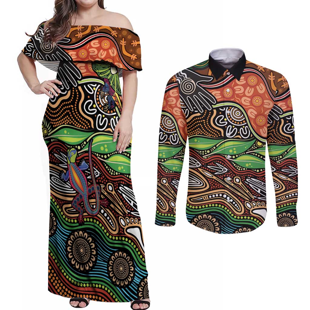 Thriving Together NAIDOC 2025 Couples Matching Off Shoulder Maxi Dress and Long Sleeve Button Shirt Aboriginal Indigenous Art
