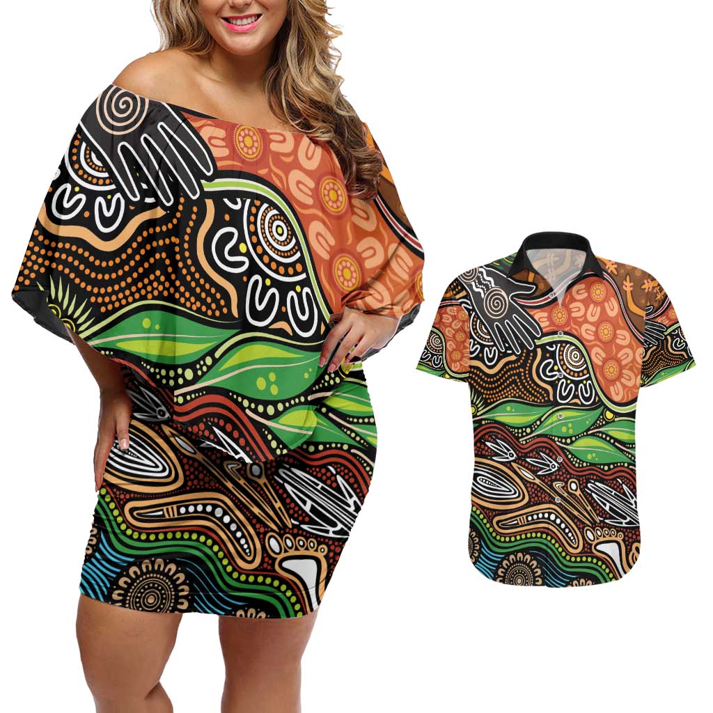 Thriving Together NAIDOC 2025 Couples Matching Off Shoulder Short Dress and Hawaiian Shirt Aboriginal Indigenous Art