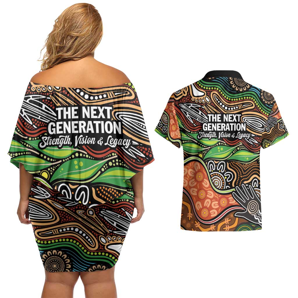 Thriving Together NAIDOC 2025 Couples Matching Off Shoulder Short Dress and Hawaiian Shirt Aboriginal Indigenous Art