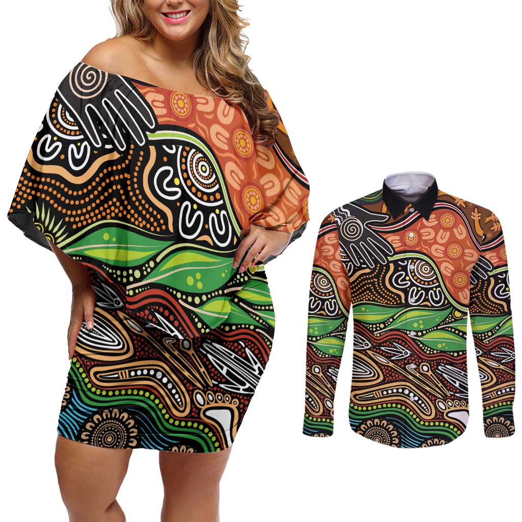 Thriving Together NAIDOC 2025 Couples Matching Off Shoulder Short Dress and Long Sleeve Button Shirt Aboriginal Indigenous Art