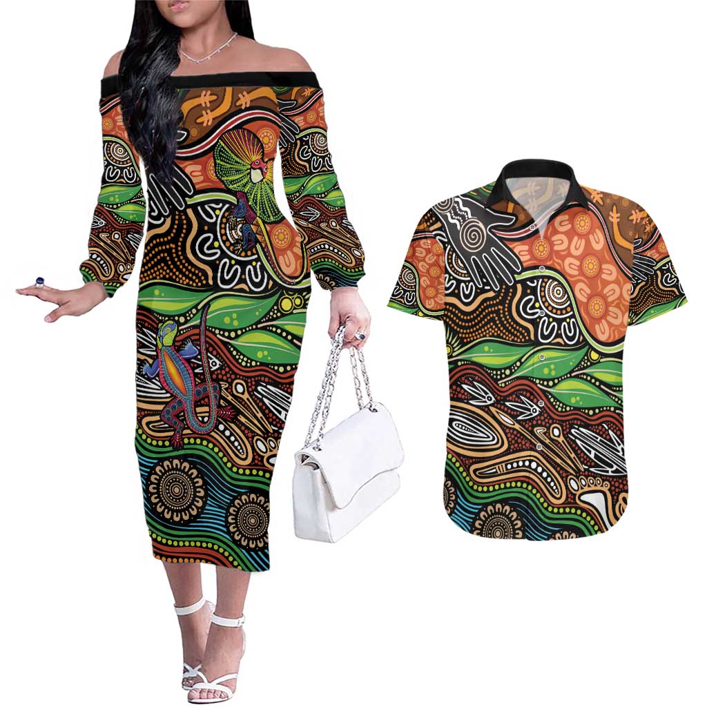 Thriving Together NAIDOC 2025 Couples Matching Off The Shoulder Long Sleeve Dress and Hawaiian Shirt Aboriginal Indigenous Art