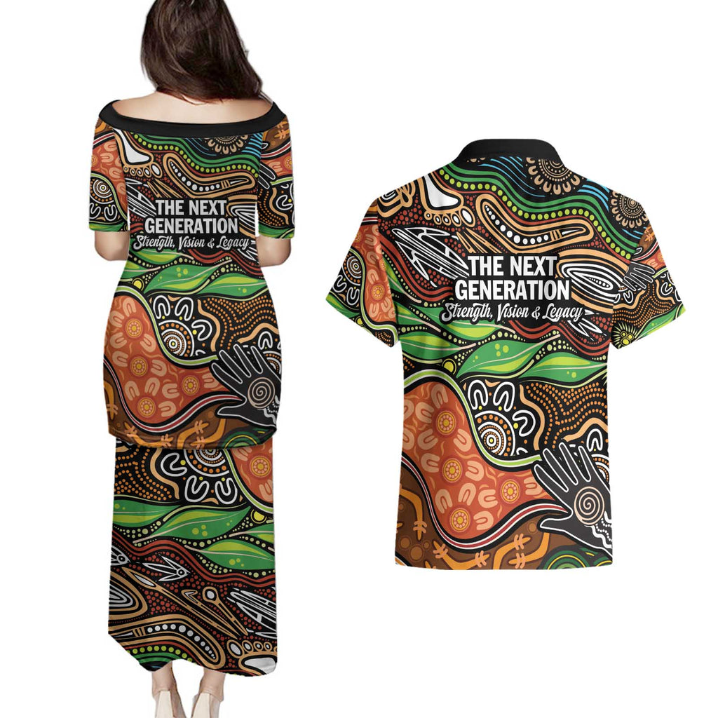 Thriving Together NAIDOC 2025 Couples Matching Puletasi and Hawaiian Shirt Aboriginal Indigenous Art