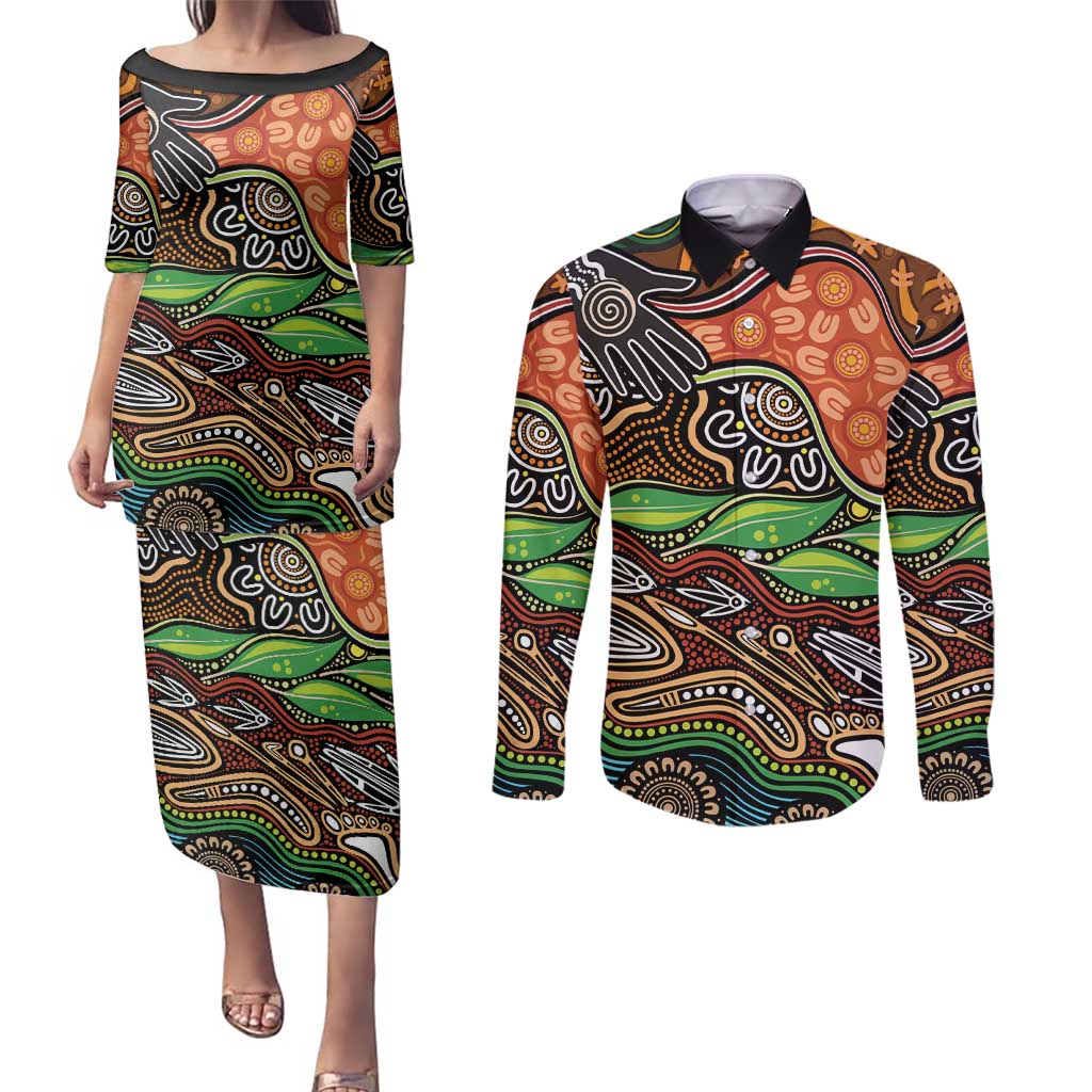 Thriving Together NAIDOC 2025 Couples Matching Puletasi and Long Sleeve Button Shirt Aboriginal Indigenous Art