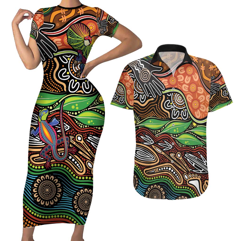 Thriving Together NAIDOC 2025 Couples Matching Short Sleeve Bodycon Dress and Hawaiian Shirt Aboriginal Indigenous Art
