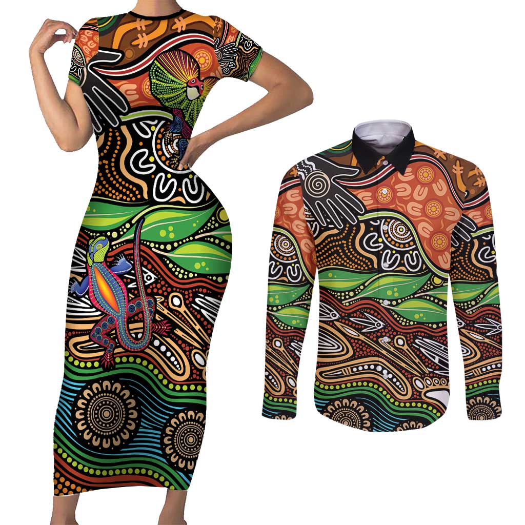 Thriving Together NAIDOC 2025 Couples Matching Short Sleeve Bodycon Dress and Long Sleeve Button Shirt Aboriginal Indigenous Art