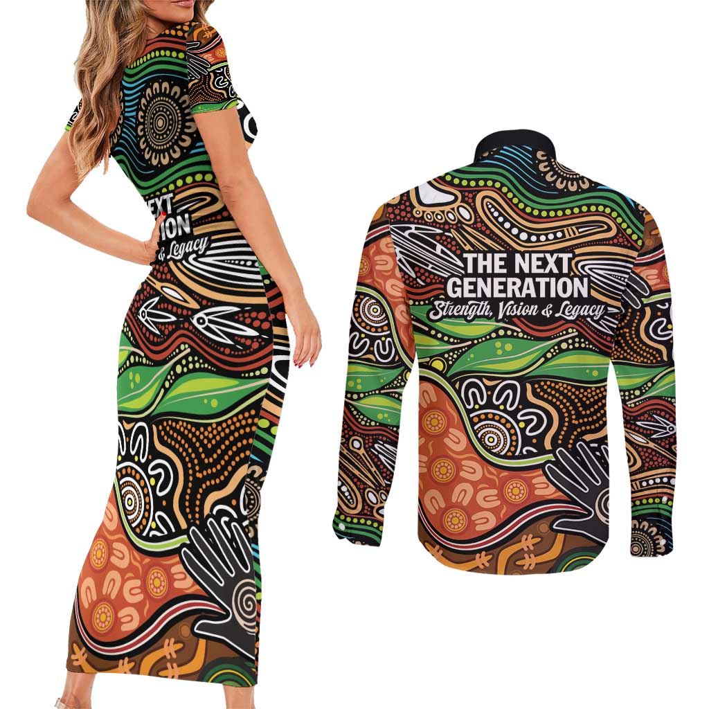 Thriving Together NAIDOC 2025 Couples Matching Short Sleeve Bodycon Dress and Long Sleeve Button Shirt Aboriginal Indigenous Art