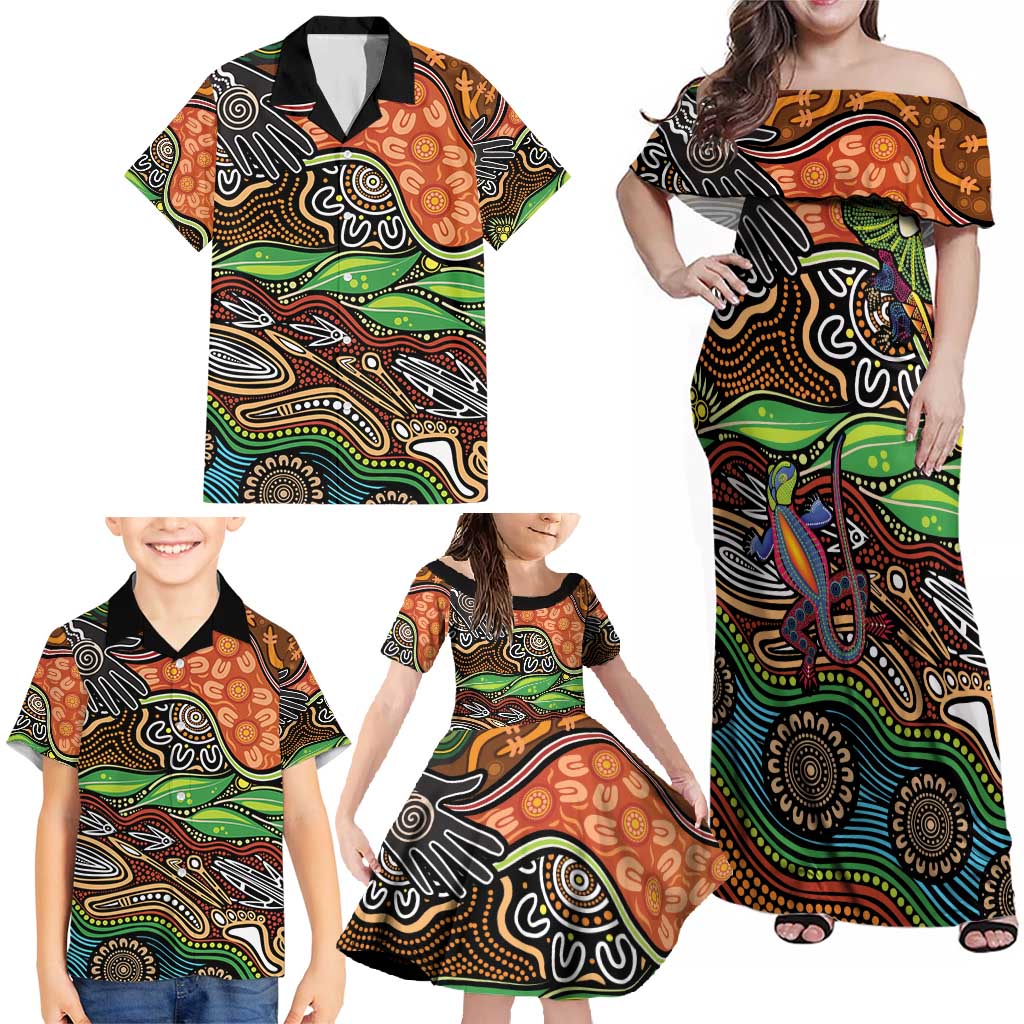 Thriving Together NAIDOC 2025 Family Matching Off Shoulder Maxi Dress and Hawaiian Shirt Aboriginal Indigenous Art