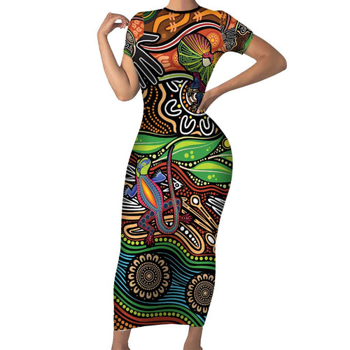 Thriving Together NAIDOC 2025 Short Sleeve Bodycon Dress Aboriginal Indigenous Art