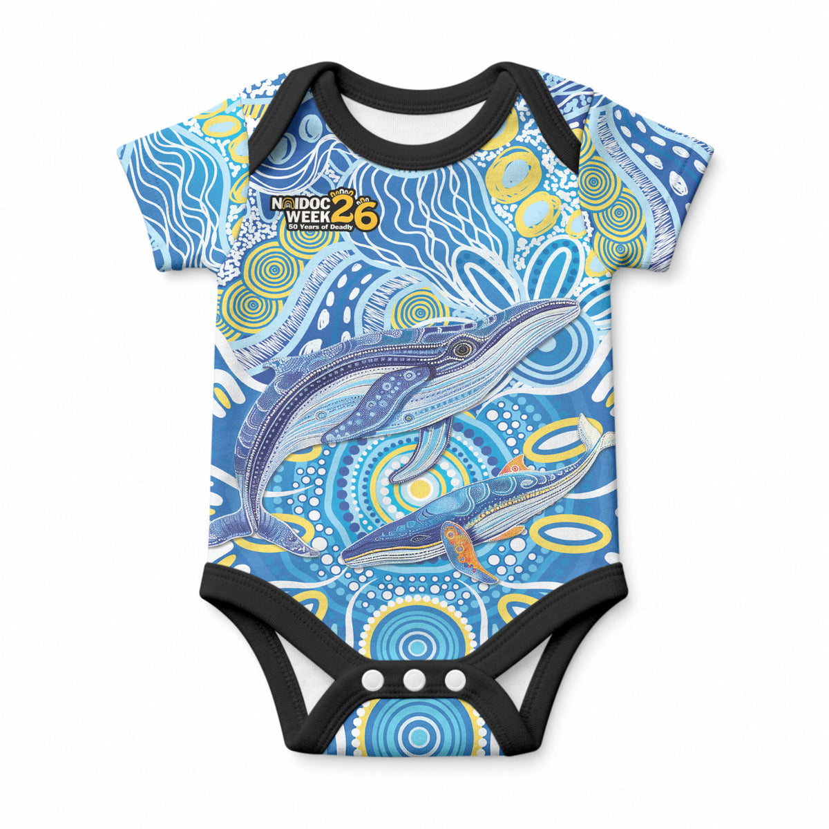 NAIDOC Week 2026 Baby Onesie Dreaming of Whales Aboriginal Dot Art