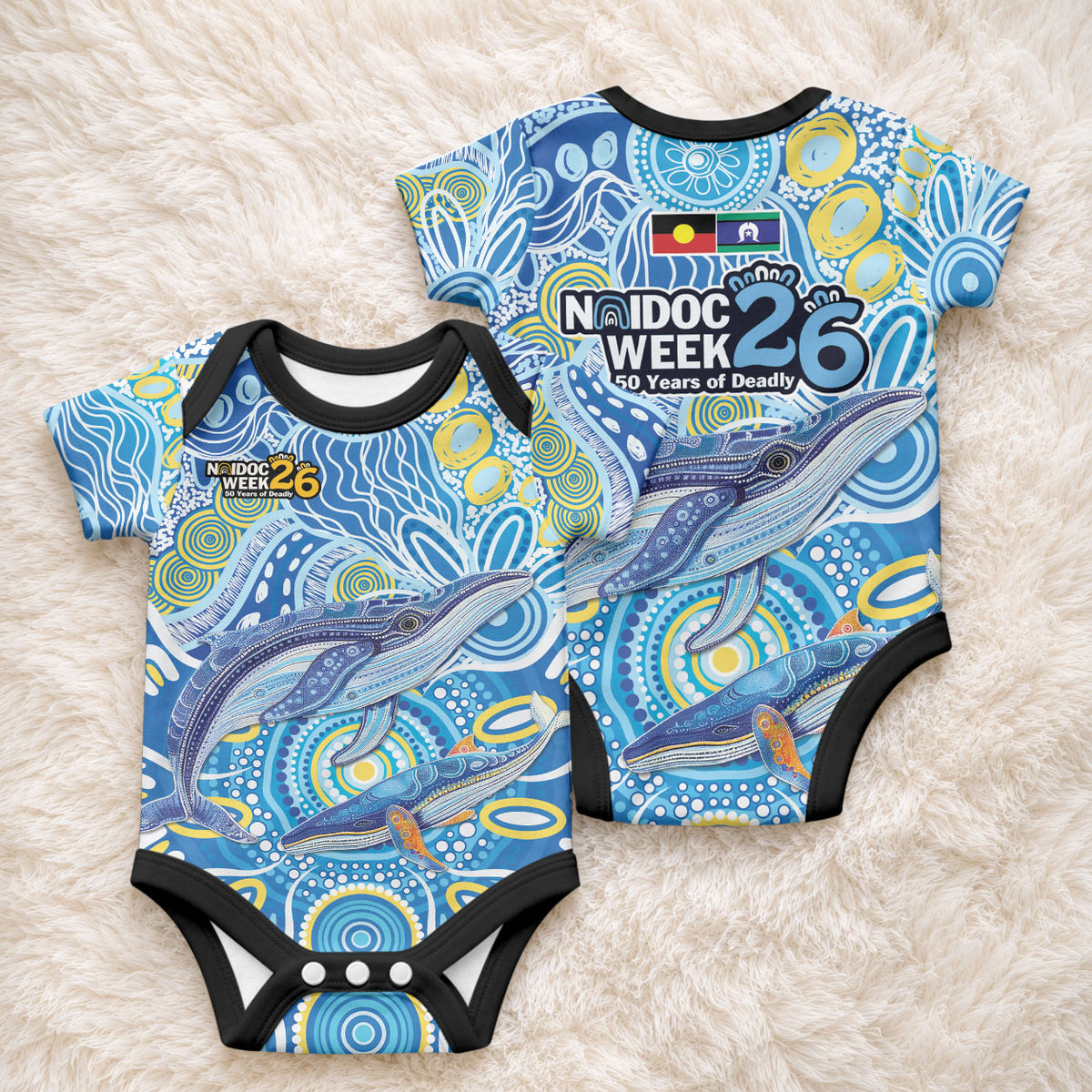 NAIDOC Week 2026 Baby Onesie Dreaming of Whales Aboriginal Dot Art