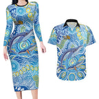 NAIDOC Week 2026 Couples Matching Long Sleeve Bodycon Dress and Hawaiian Shirt Dreaming of Whales Aboriginal Dot Art