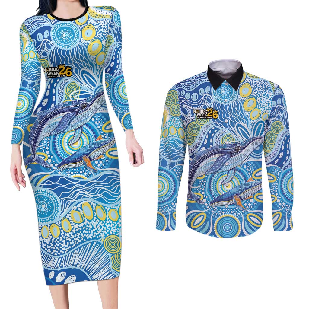 NAIDOC Week 2026 Couples Matching Long Sleeve Bodycon Dress and Long Sleeve Button Shirt Dreaming of Whales Aboriginal Dot Art