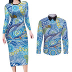 NAIDOC Week 2026 Couples Matching Long Sleeve Bodycon Dress and Long Sleeve Button Shirt Dreaming of Whales Aboriginal Dot Art