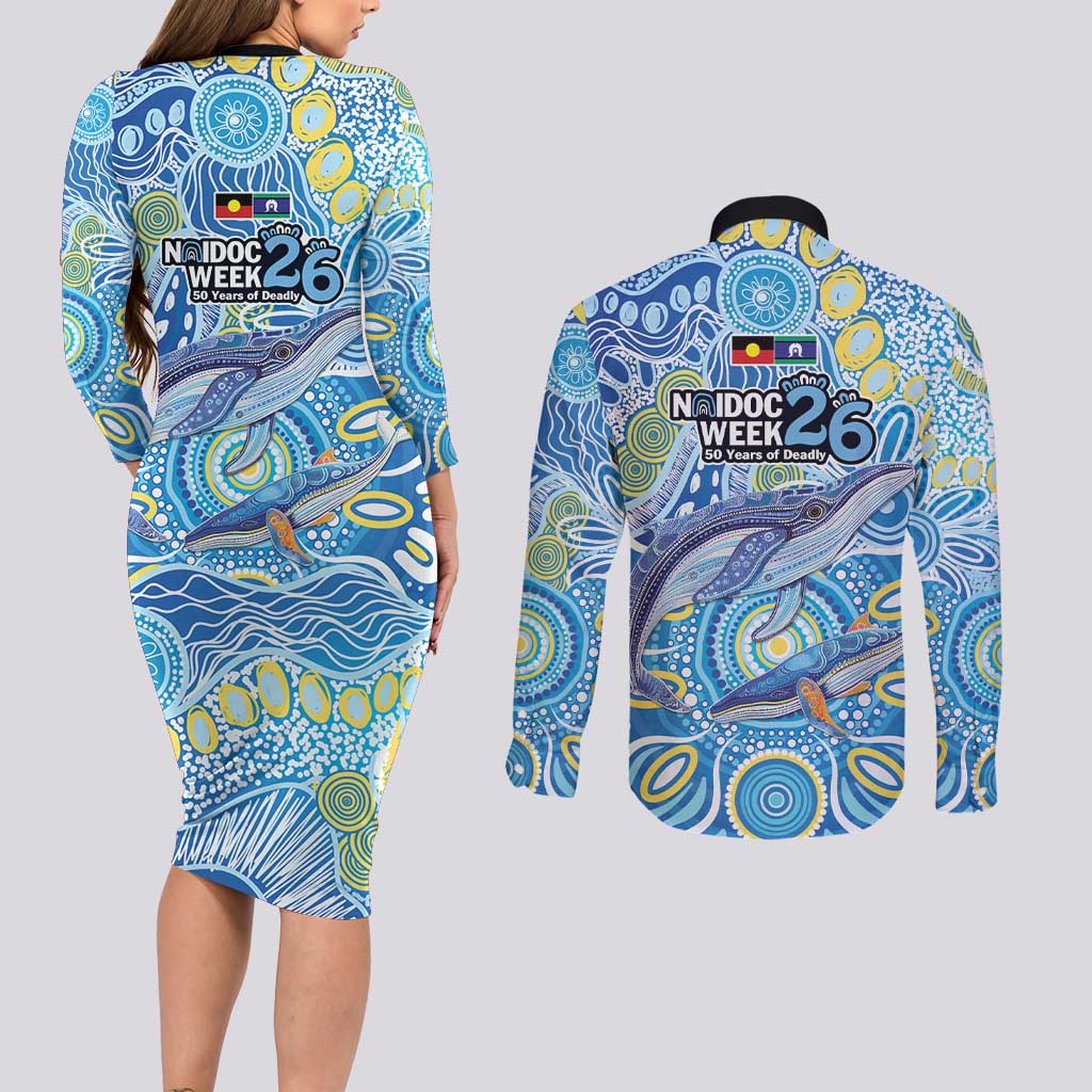 NAIDOC Week 2026 Couples Matching Long Sleeve Bodycon Dress and Long Sleeve Button Shirt Dreaming of Whales Aboriginal Dot Art