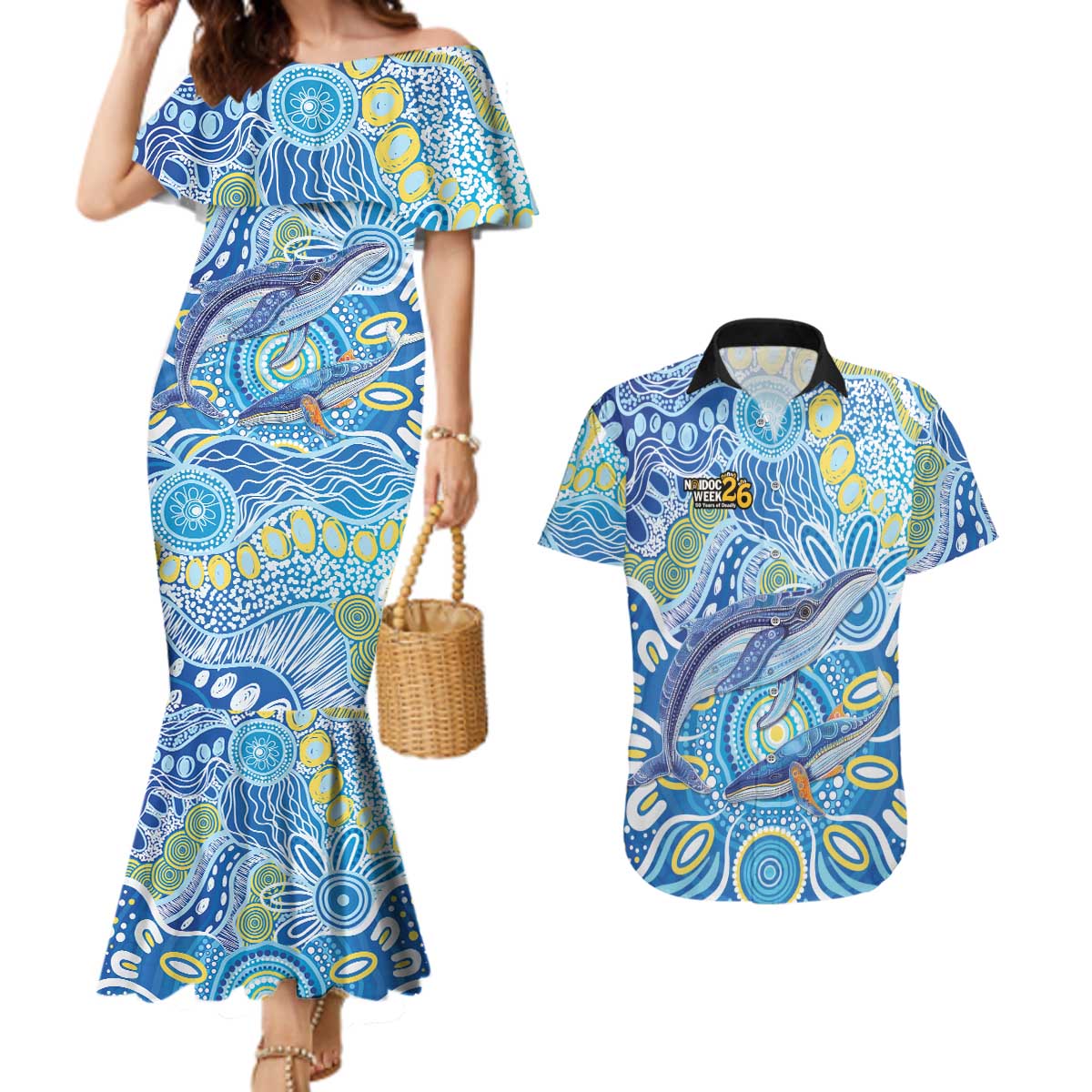 NAIDOC Week 2026 Couples Matching Mermaid Dress and Hawaiian Shirt Dreaming of Whales Aboriginal Dot Art