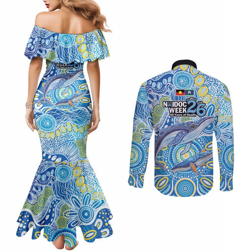 NAIDOC Week 2026 Couples Matching Mermaid Dress and Long Sleeve Button Shirt Dreaming of Whales Aboriginal Dot Art