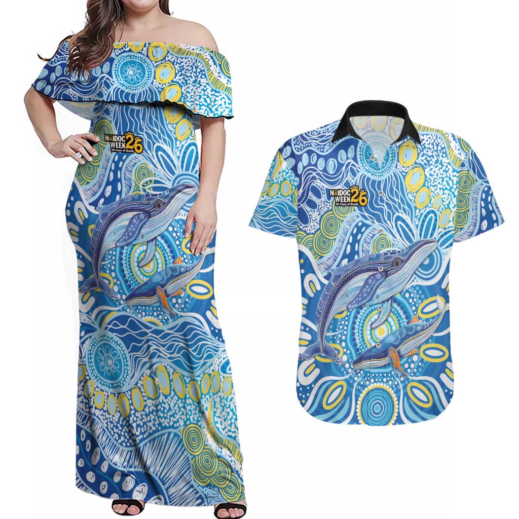 NAIDOC Week 2026 Couples Matching Off Shoulder Maxi Dress and Hawaiian Shirt Dreaming of Whales Aboriginal Dot Art