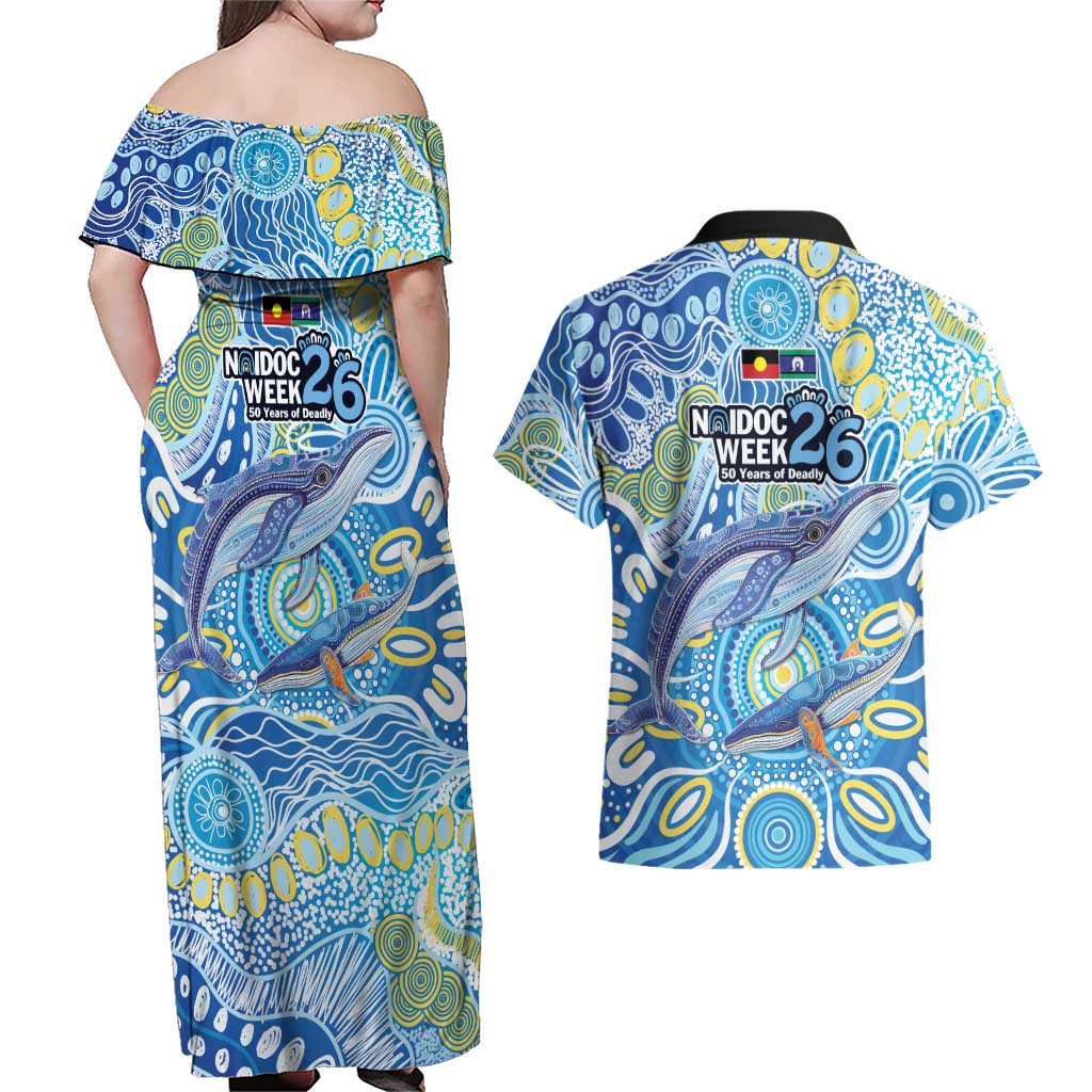 NAIDOC Week 2026 Couples Matching Off Shoulder Maxi Dress and Hawaiian Shirt Dreaming of Whales Aboriginal Dot Art