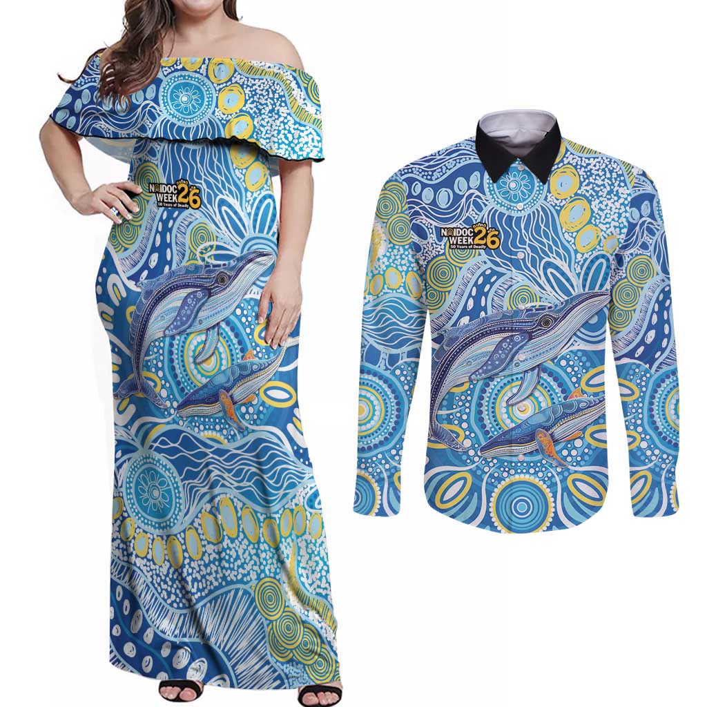 NAIDOC Week 2026 Couples Matching Off Shoulder Maxi Dress and Long Sleeve Button Shirt Dreaming of Whales Aboriginal Dot Art
