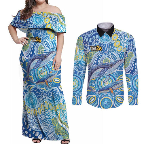 NAIDOC Week 2026 Couples Matching Off Shoulder Maxi Dress and Long Sleeve Button Shirt Dreaming of Whales Aboriginal Dot Art