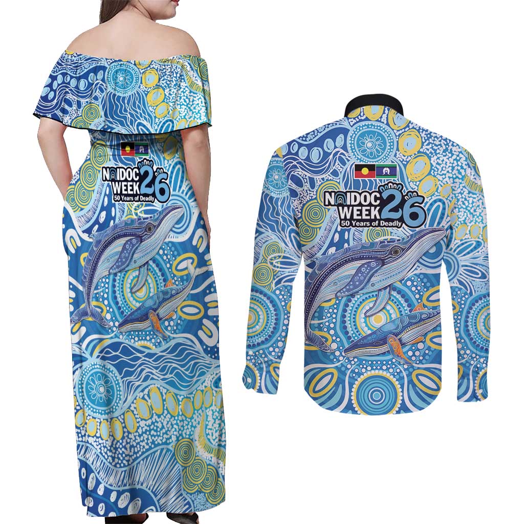 NAIDOC Week 2026 Couples Matching Off Shoulder Maxi Dress and Long Sleeve Button Shirt Dreaming of Whales Aboriginal Dot Art
