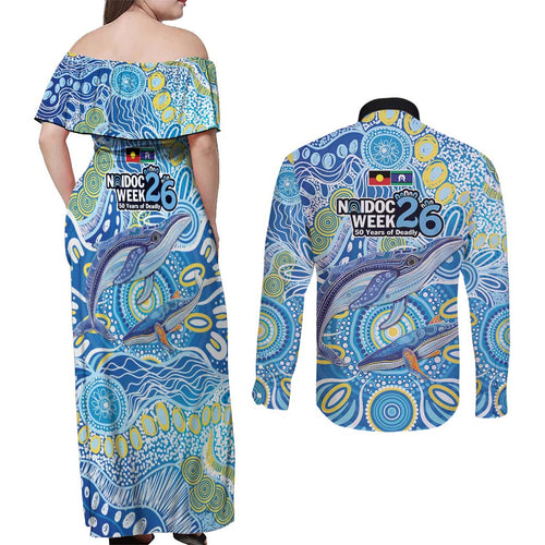 NAIDOC Week 2026 Couples Matching Off Shoulder Maxi Dress and Long Sleeve Button Shirt Dreaming of Whales Aboriginal Dot Art