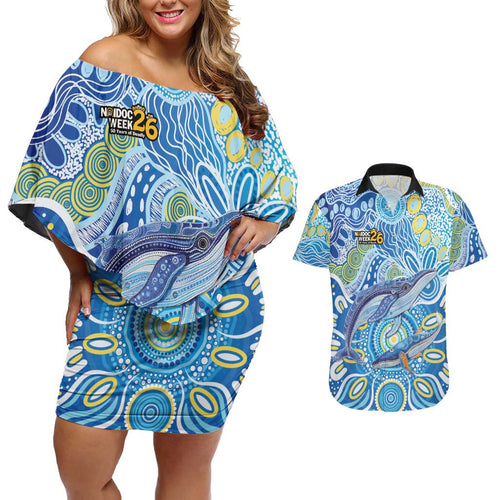 NAIDOC Week 2026 Couples Matching Off Shoulder Short Dress and Hawaiian Shirt Dreaming of Whales Aboriginal Dot Art