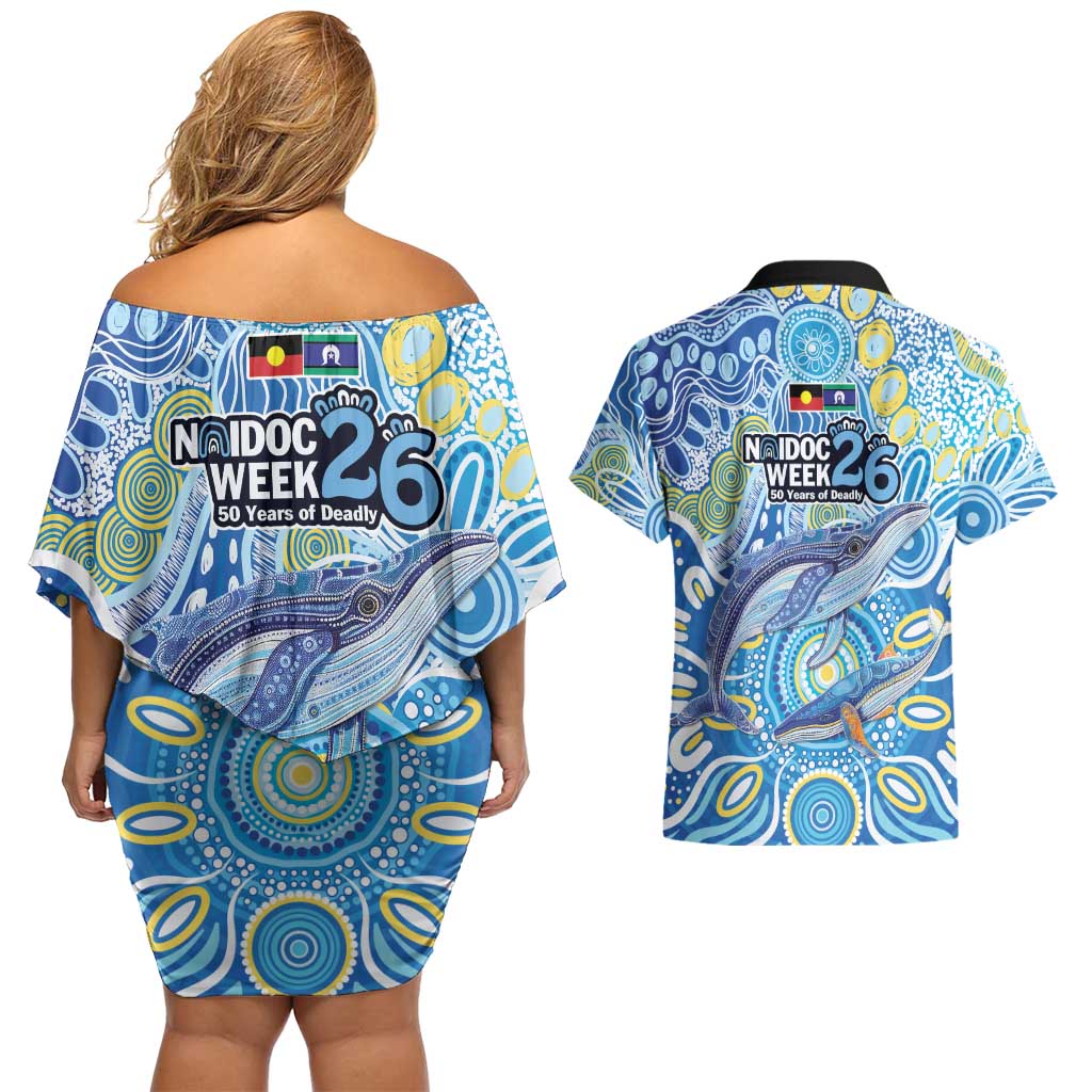 NAIDOC Week 2026 Couples Matching Off Shoulder Short Dress and Hawaiian Shirt Dreaming of Whales Aboriginal Dot Art