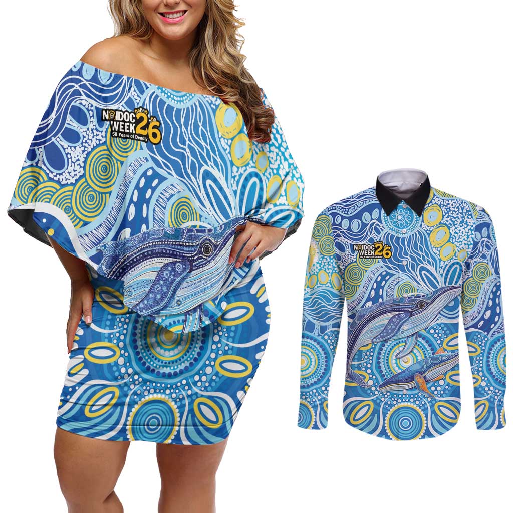 NAIDOC Week 2026 Couples Matching Off Shoulder Short Dress and Long Sleeve Button Shirt Dreaming of Whales Aboriginal Dot Art