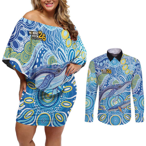 NAIDOC Week 2026 Couples Matching Off Shoulder Short Dress and Long Sleeve Button Shirt Dreaming of Whales Aboriginal Dot Art