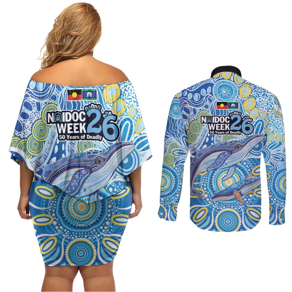 NAIDOC Week 2026 Couples Matching Off Shoulder Short Dress and Long Sleeve Button Shirt Dreaming of Whales Aboriginal Dot Art