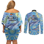NAIDOC Week 2026 Couples Matching Off Shoulder Short Dress and Long Sleeve Button Shirt Dreaming of Whales Aboriginal Dot Art