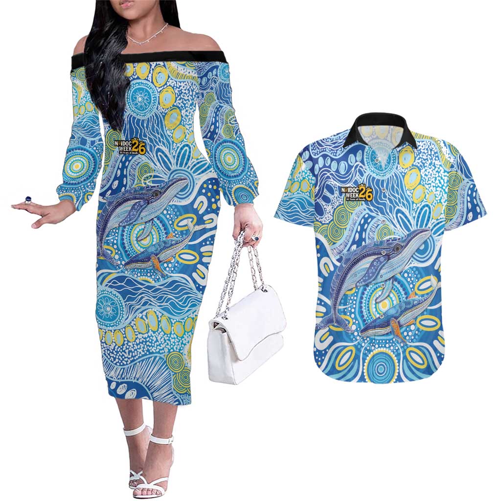 NAIDOC Week 2026 Couples Matching Off The Shoulder Long Sleeve Dress and Hawaiian Shirt Dreaming of Whales Aboriginal Dot Art