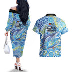 NAIDOC Week 2026 Couples Matching Off The Shoulder Long Sleeve Dress and Hawaiian Shirt Dreaming of Whales Aboriginal Dot Art