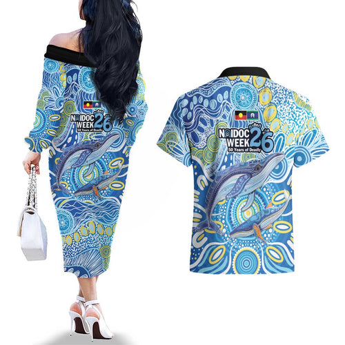 NAIDOC Week 2026 Couples Matching Off The Shoulder Long Sleeve Dress and Hawaiian Shirt Dreaming of Whales Aboriginal Dot Art
