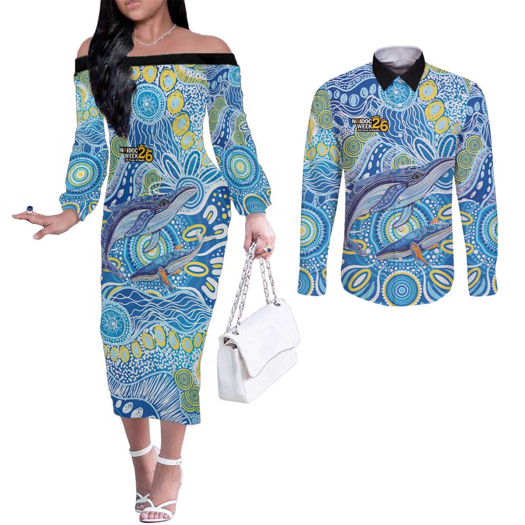 NAIDOC Week 2026 Couples Matching Off The Shoulder Long Sleeve Dress and Long Sleeve Button Shirt Dreaming of Whales Aboriginal Dot Art