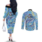 NAIDOC Week 2026 Couples Matching Off The Shoulder Long Sleeve Dress and Long Sleeve Button Shirt Dreaming of Whales Aboriginal Dot Art