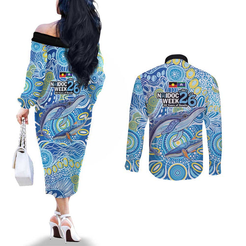 NAIDOC Week 2026 Couples Matching Off The Shoulder Long Sleeve Dress and Long Sleeve Button Shirt Dreaming of Whales Aboriginal Dot Art