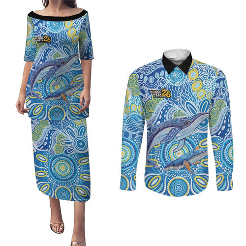 NAIDOC Week 2026 Couples Matching Puletasi and Long Sleeve Button Shirt Dreaming of Whales Aboriginal Dot Art